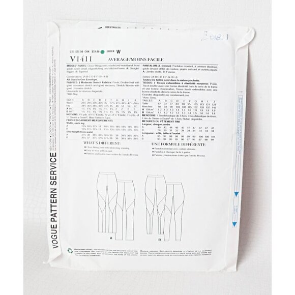 Vogue Sewing Pattern V1411 Stretch Knit Pants Tapered Sandra Betzina All Sizes - Picture 2 of 5